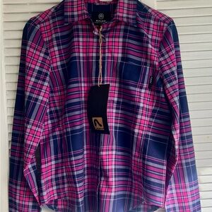 Stylish Pink and Blue Plaid Women's Blouse